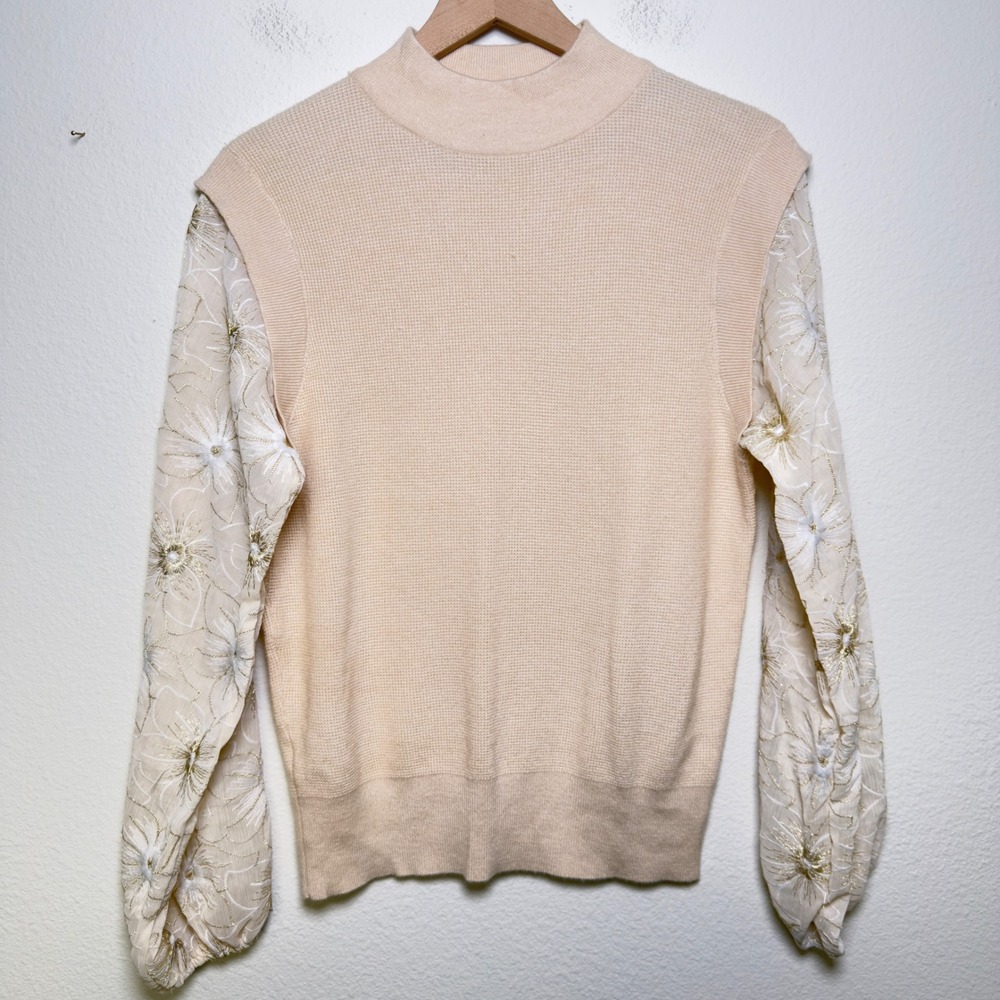 On Twelft Women Preppy‎ Whimsical Sweater Medium Tan Victorian Royalcore Sheer
